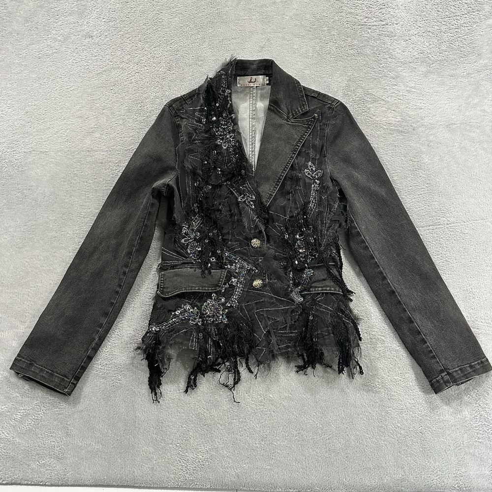 Rossi Roma Italy Denim Jacket Blazer Women S Gray Fringe Boho 90s Boho Chic Vtg